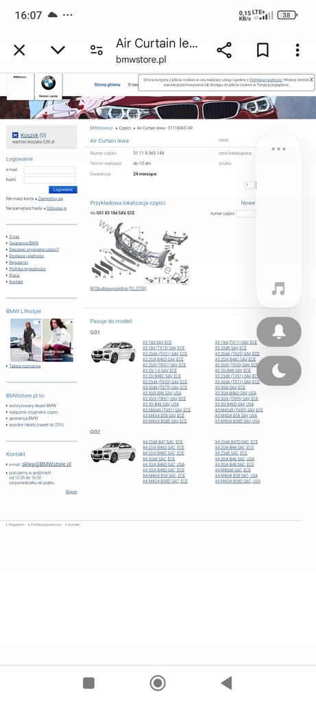 BUMPER INLET BMW X3 G01 X4 G02 Stânga 51118065149 M Pachet Product image